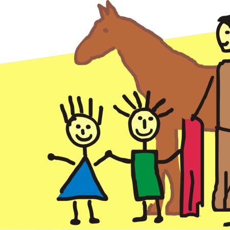 Gezeichnetes Bild: St. Martin vor einem braunen Pferd. Er trägt einen roten Mantel. Ein Teil des roten Mantels reicht er einem der beiden Kinder, die neben ihm stehen.