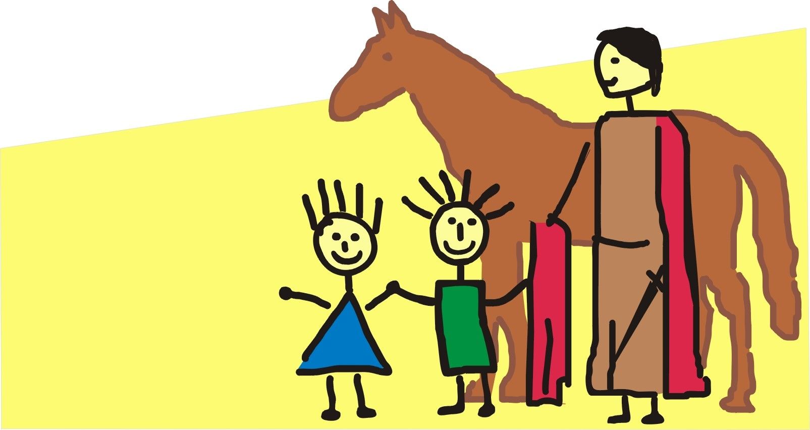Gezeichnetes Bild: St. Martin vor einem braunen Pferd. Er trägt einen roten Mantel. Ein Teil des roten Mantels reicht er einem der beiden Kinder, die neben ihm stehen.